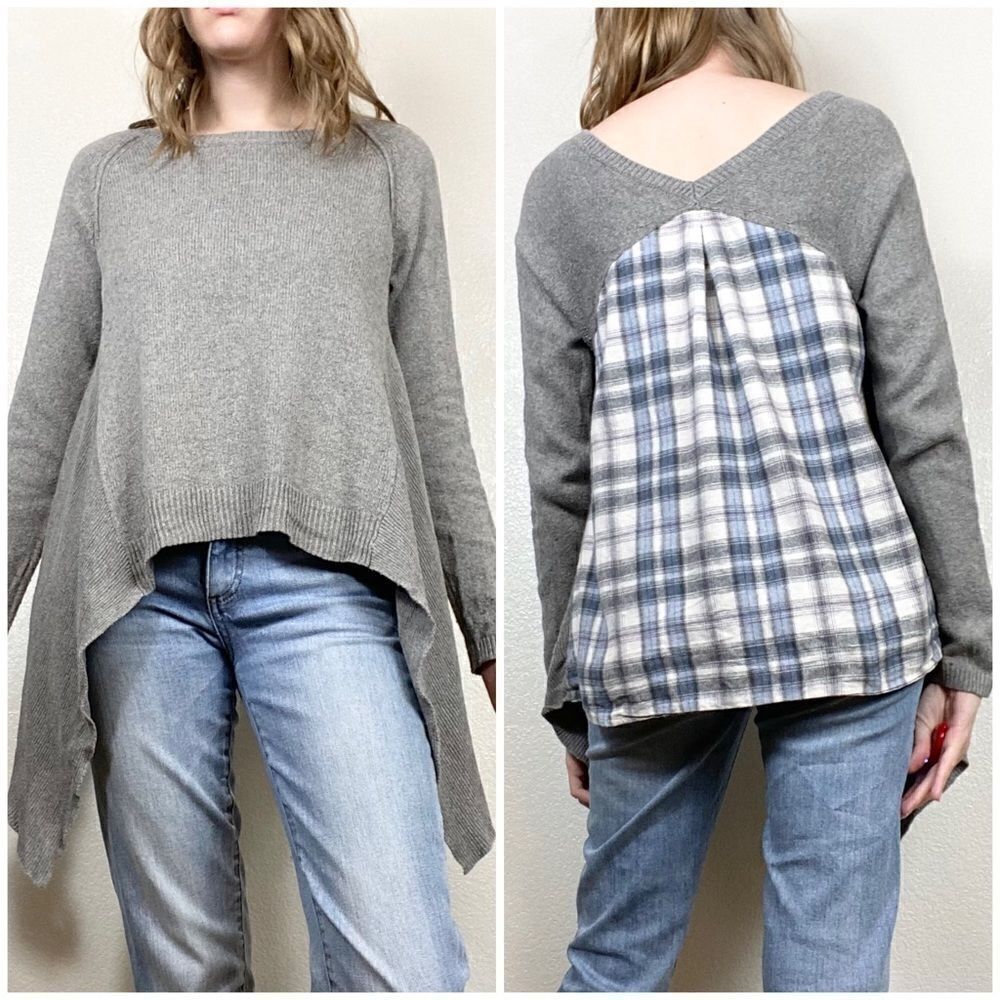 Anthropologie Moth Grey Handkerchief Hem Plaid Back Sweater